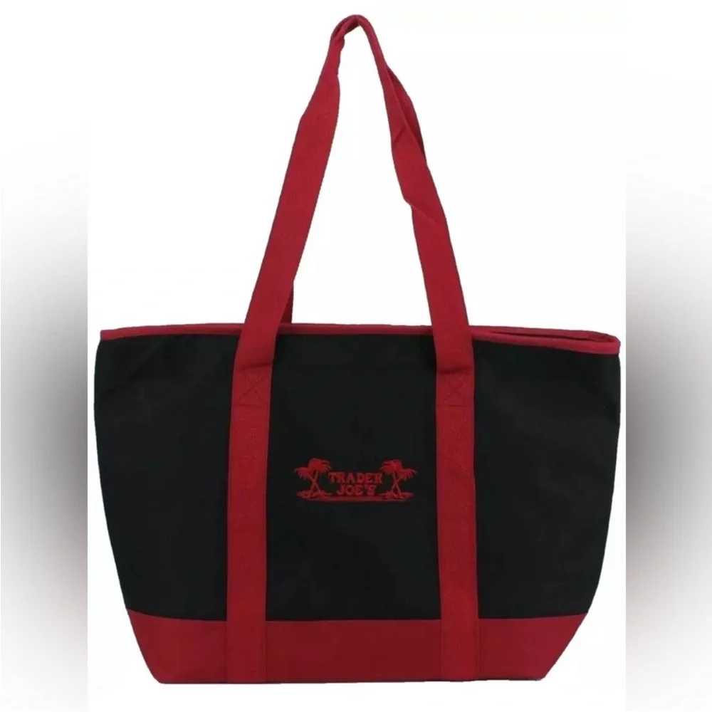 Trader Joes Insulated Reusable Shopping Tote Bag Zip Top Black Red Embroidered - Picture 2 of 9